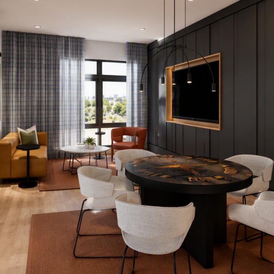 a room with a table and chairs