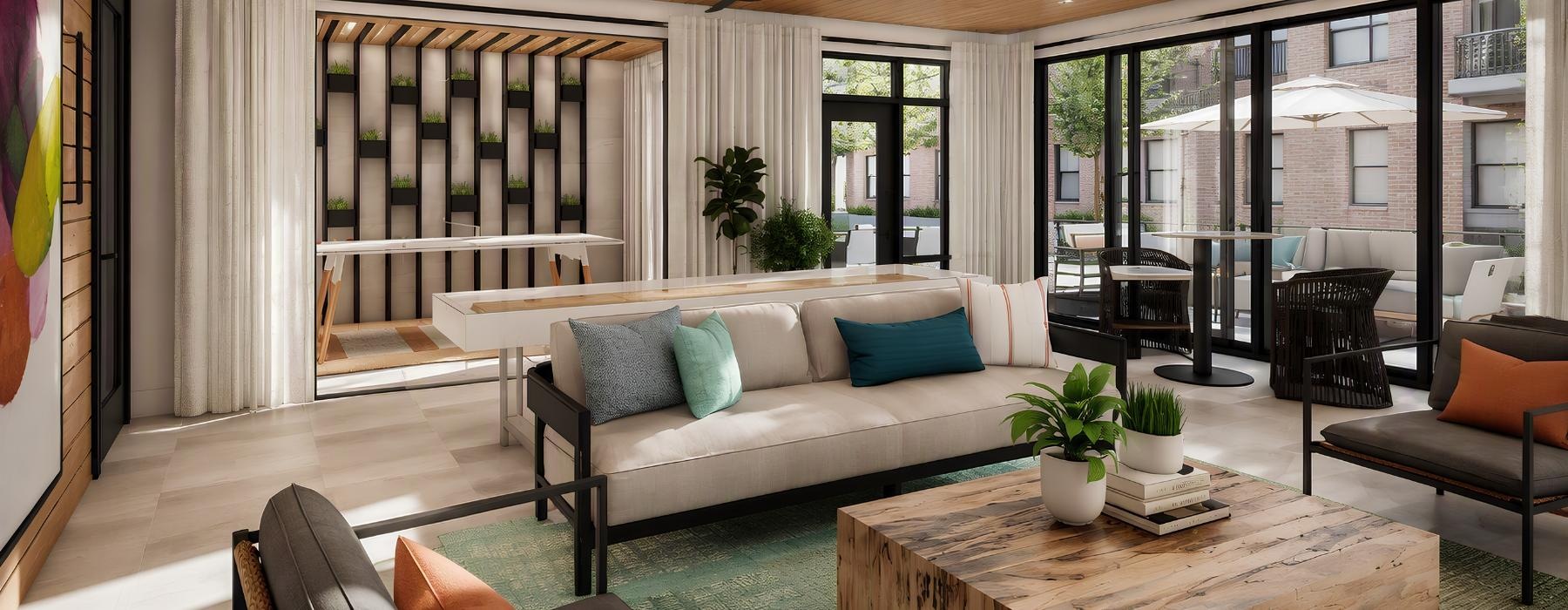a resident lounge with couch and coffee table